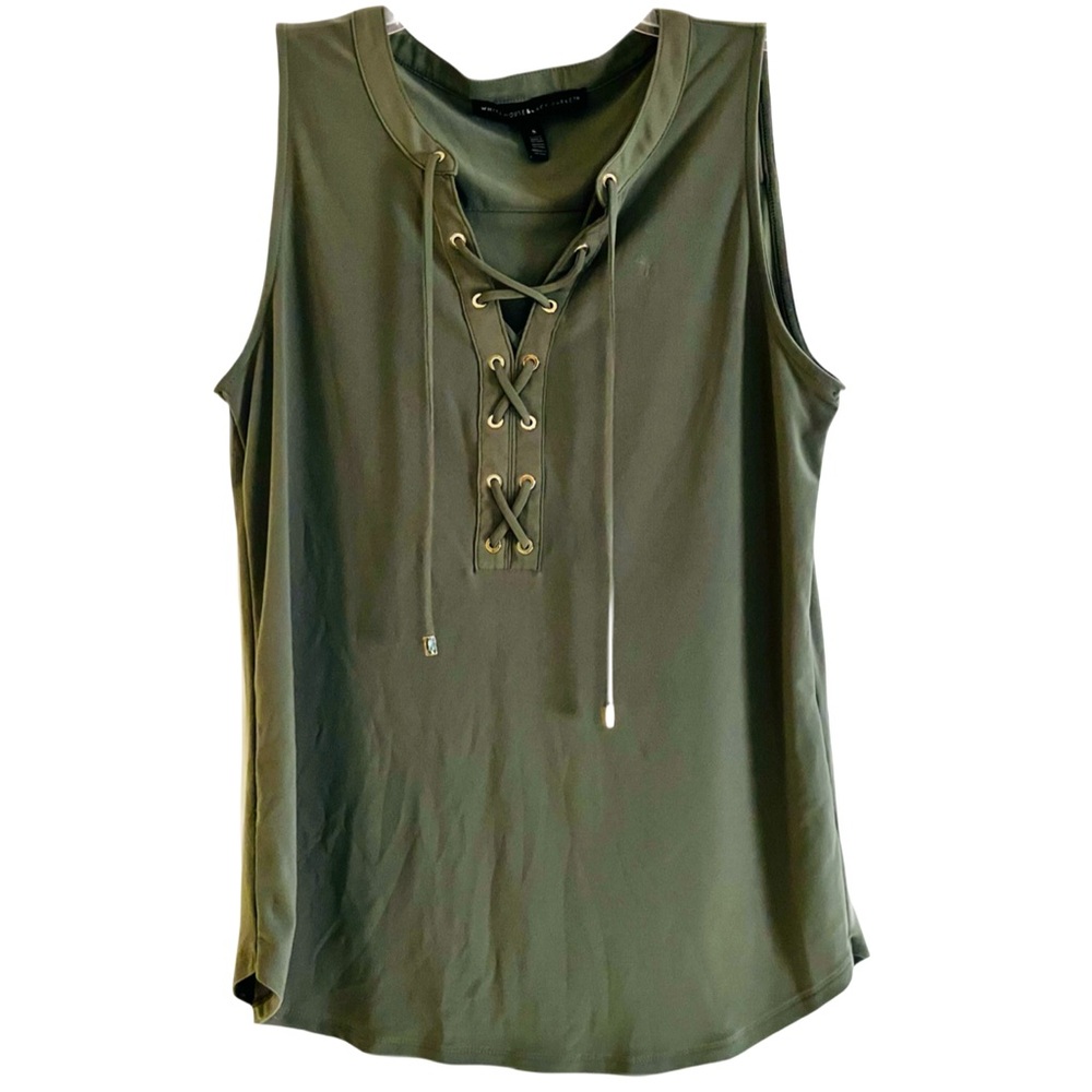 White House Black Market Sleeveless Top, Sz. S, Olive Green, Lace-Up Neckline